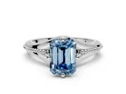 Solitaire Engagement Ring Setting for Fancy Blue Emerald Cut Center with Milgrain Cathedral Band and Prong Head in White Gold