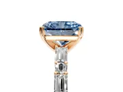 Baguette Engagement Ring Setting for Fancy Blue Radiant Cut Center with Alternating Bar-Set Band and Prong Head in Rose Gold