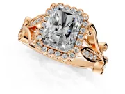 Halo Engagement Ring Setting for Radiant Cut Center with Leaf Motif Split Shank and Prong Head in Rose Gold