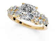 Cluster Engagement Ring Setting for Cushion Cut Center with 2-Row Shoulder Clusters and Prong Head in Yellow Gold
