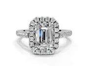 Halo Engagement Ring Setting for Emerald Cut Center with Raised Halo, Pave Band and Prong Head in Platinum