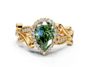 Halo Engagement Ring Setting for Fancy Green Pear-Shaped Center with Leaf Motif Split Shank and Prong Head in Yellow Gold