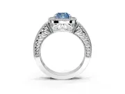Milgrain Halo Engagement Ring Setting for Fancy Blue Cushion Cut Center with Pave Band and Prong Head in Platinum