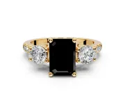 3 Stone Engagement Ring Setting for Fancy Black Emerald Cut Center with Crossover Basket, Pave Band and Prong Head in Yellow Gold