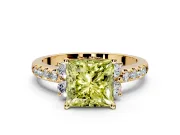 Paired Accent Engagement Ring Setting for Fancy Yellow Princess Cut Center with Pave Band and Prong Head in Yellow Gold