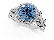Halo Engagement Ring Setting for Fancy Blue Round Cut Center with Leaf Motif Split Shank and Prong Head in Sterling Silver