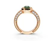 Milgrain Halo Engagement Ring Setting for Fancy Green Emerald Cut Center with Wide Pave Band and Prong Head in Rose Gold