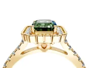 Milgrain Floral Halo Engagement Ring Setting for Fancy Green Emerald Cut Center with Pave Band and Prong Head in Yellow Gold
