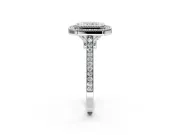 Halo Engagement Ring Setting for Radiant Cut Center with Milgrain Frame, Pave Band and Prong Head in White Gold