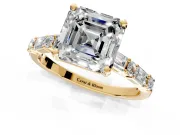 Baguette Engagement Ring Setting for Asscher Cut Center with Alternating Bar-Set Band and Prong Head in Yellow Gold