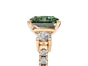 3 Stone Engagement Ring Setting for Fancy Green Radiant Cut Center with Round Cut Side Accents and Prong Head in Rose Gold