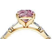 Baguette Engagement Ring Setting for Fancy Pink Cushion Cut Center with Alternating Bar-Set Band and Prong Head in Yellow Gold