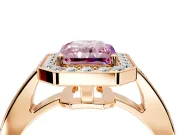 Bezel-Framed Halo Engagement Ring Setting for Fancy Pink Radiant Cut Center with Pave Band and Prong Head in Rose Gold