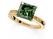Solitaire Engagement Ring Setting for Fancy Green Princess Cut Center with Engraved Milgrain Band and Prong Head in Yellow Gold