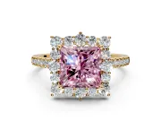 Halo Engagement Ring Setting for Fancy Pink Princess Cut Center with Single-Row Pave, Open Basket and Prong Head in Yellow Gold