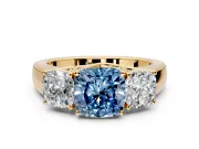 3 Stone Engagement Ring Setting for Fancy Blue Cushion Cut Center with Raised Basket Heads and Prong Head in Yellow Gold