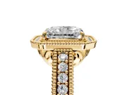 Milgrain Halo Engagement Ring Setting for Radiant Cut Center with Pave Band and Prong Head in Yellow Gold