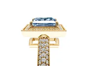 Milgrain Halo Engagement Ring Setting for Fancy Blue Princess Cut Center with Three-Sided Pave Band and Prong Head in Yellow Gold