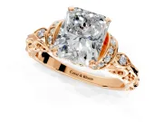 Solitaire Engagement Ring Setting for Radiant Cut Center with Filigree Band and Prong Head in Rose Gold