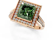 Halo Engagement Ring Setting for Fancy Green Princess Cut Center with Outer Bezel Rim, Pave Band and Prong Head in Rose Gold