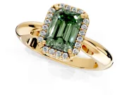 Halo Engagement Ring Setting for Fancy Green Emerald Cut Center with Tapered Plain Band and Prong Head in Yellow Gold