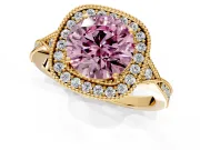 Halo Engagement Ring Setting for Fancy Pink Round Cut Center with Milgrain Rim, Pave Band and Prong Head in Yellow Gold