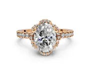 Halo Engagement Ring Setting for Oval Center with Openwork Halo, Pave Band and Prong Head in Rose Gold