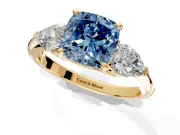 3 Stone Engagement Ring Setting for Fancy Blue Cushion Cut Center with Large Pear-Shaped Accents and Prong Head in Yellow Gold