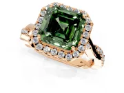 Halo Engagement Ring Setting for Fancy Green Asscher Cut Center with Twist Band and Prong Head in Rose Gold