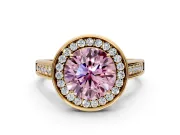 Halo Engagement Ring Setting for Fancy Pink Round Cut Center with Outer Bezel Rim, Pave Band and Prong Head in Yellow Gold