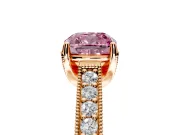 Solitaire Engagement Ring Setting for Fancy Pink Cushion Cut Center with Milgrain-Framed Pave Band and Prong Head in Rose Gold