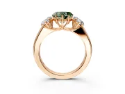 3 Stone Engagement Ring Setting for Fancy Green Heart-Shaped Center with Raised Basket Heads and Prong Head in Rose Gold
