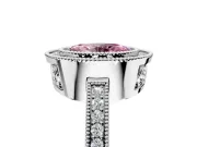 Halo Engagement Ring Setting for Fancy Pink Oval Center with Milgrain Halo, Pave Band and Prong Head in White Gold