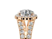 Halo Engagement Ring Setting for Round Cut Center with Narrow Pave Split Shank and Prong Head in Rose Gold