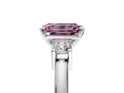 3 Stone Engagement Ring Setting for Fancy Pink Emerald Cut Center with Wide Plain Band and Prong Head in Platinum