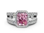 Halo Engagement Ring Setting for Fancy Pink Radiant Cut Center with Wide-Open Pave Split Shank and Prong Head in Platinum