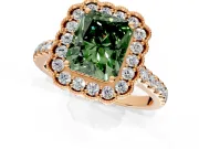 Milgrain Floral Halo Engagement Ring Setting for Fancy Green Radiant Cut Center with Pave Band and Prong Head in Rose Gold