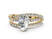 Solitaire Engagement Ring Setting for Pear-Shaped Center with Woven 3-Strand Pave Band and Prong Head in Yellow Gold