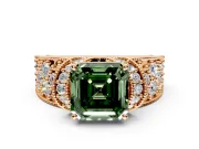 Pave Engagement Ring Setting for Fancy Green Asscher Cut Center with Curved Accent Rows, Openwork and Prong Head in Rose Gold