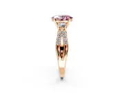 3 Stone Engagement Ring Setting for Fancy Pink Oval Center with Pave Split Shank and Prong Head in Rose Gold