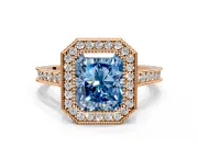 Halo Engagement Ring Setting for Fancy Blue Radiant Cut Center with Milgrain Pave Band and Bezel Head in Rose Gold