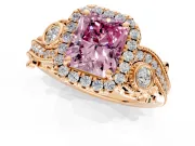 Milgrain Halo Engagement Ring Setting for Fancy Pink Radiant Cut Center with Shoulder Bezels and Prong Head in Rose Gold