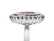 Halo Engagement Ring Setting for Fancy Pink Emerald Cut Center with Milgrain Bezel Rim, Plain Band and Prong Head in Sterling Silver