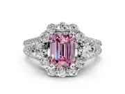Halo Engagement Ring Setting for Fancy Pink Emerald Cut Center with Two-Strand Split Shank and Prong Head in Platinum