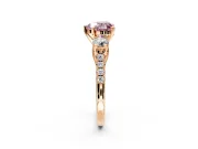 3 Stone Engagement Ring Setting for Fancy Pink Heart-Shaped Center with Crossover Basket, Pave Band and Prong Head in Rose Gold