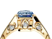 Cathedral Engagement Ring Setting for Fancy Blue Radiant Cut Center with Antique-Style Pave Band and Prong Head in Yellow Gold