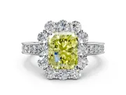 Halo Engagement Ring Setting for Fancy Yellow Radiant Cut Center with Milgrain Channel Band and Prong Head in White Gold