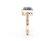 Halo Engagement Ring Setting for Fancy Blue Princess Cut Center with Heart-Shaped Openwork, Pave Band and Prong Head in Rose Gold