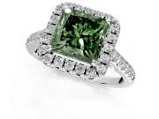 Halo Engagement Ring Setting for Fancy Green Princess Cut Center with Narrowing Pave Band and Prong Head in White Gold