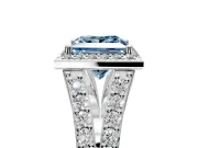 Halo Engagement Ring Setting for Fancy Blue Princess Cut Center with Narrow Pave Split Shank and Prong Head in Platinum